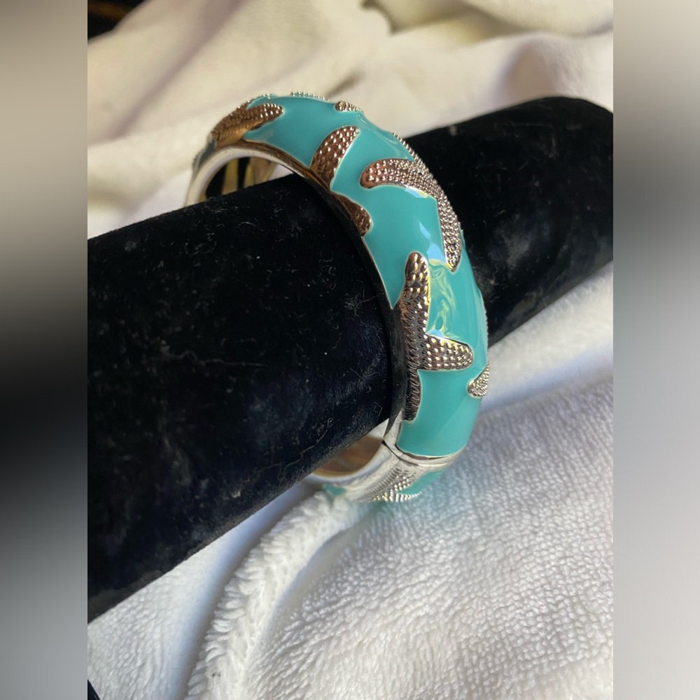 Turquoise Enamel Cuff Bracelet with Silver Starfish